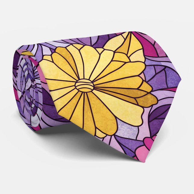 Cravate Stained Glass Abstract Purple Yellow Pink 60s Vibe (Roulé)