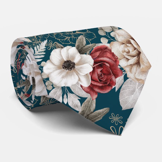 Cravate Style Burgundy Rose Bleu Floral (Roulé)
