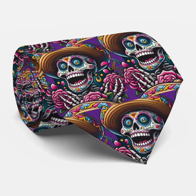 Cravate Sugar Skull Art - Skeleton Sombrero Roses Calavera (Roulé)