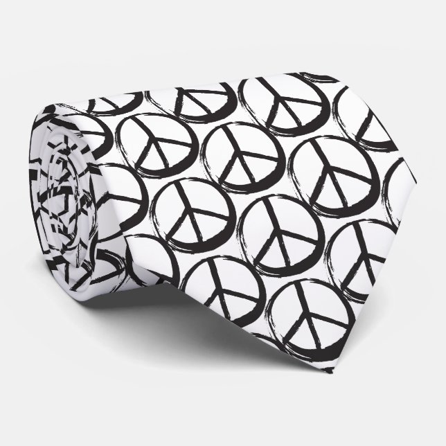 Cravate Symbole de la PAIX - 60s Hippie Elégant noir blanc (Roulé)