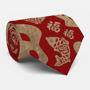 Cravate Symboles chinois Lucky et Poisson Koi - Rouge et O