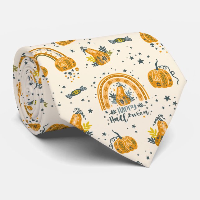 Cravate Symboles d'Halloween orange et bleu-gris motif (Roulé)