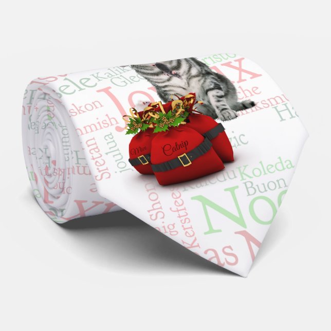 Cravate Tabby Argent Chat Mot de Noël Art (Roulé)