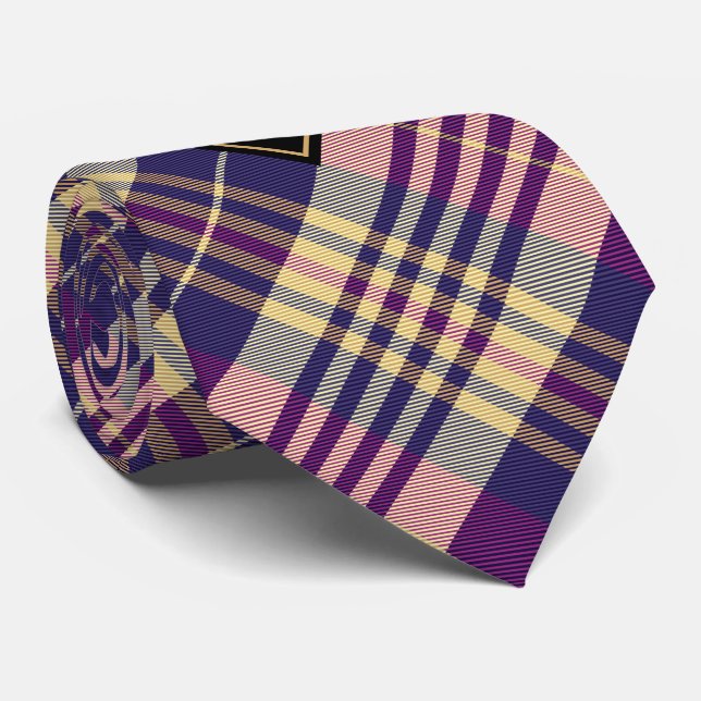 Cravate Tartan mauve, or et bleu (Roulé)