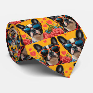 Cravate Terrier de Boston avec roses de la Saint-Valentin