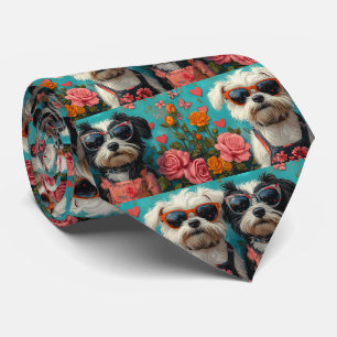 Cravate Terrier tibétain avec coeur Roses Saint Valentin