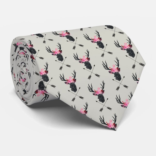 Cravate Tête de cerf géométrique avec fleurs et flèches cr (Roulé)