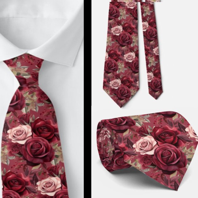 Cravate Tie à col Burgundy Rouge Profond Roses Fardé Mauve (Créateur téléchargé)