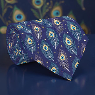 Cravate Tie à motif paon paonne sur fond bleu