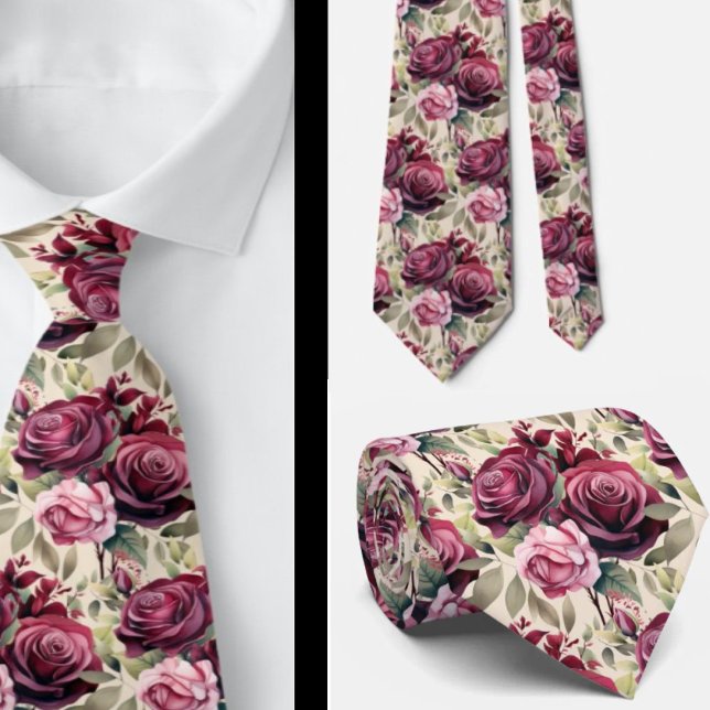 Cravate Tie à motifs aquarelle de roses rose mauve pourpre (Créateur téléchargé)