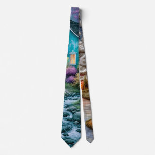 Cravate Tie d'art de paysage de chaumière de rivière fanta