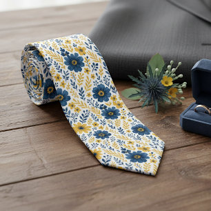 Cravate Tie de mariage floral jaune bleu foncé pour l'été
