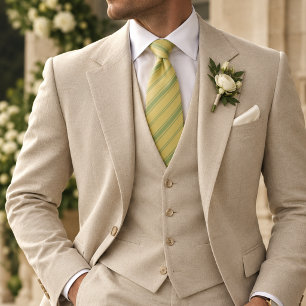 Cravate Tie en Luxe Rayure Tissée Jaune Beurre et Pistache