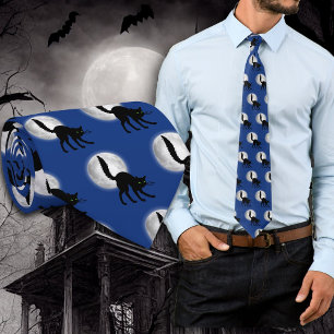 Cravate Tie motif chats noirs pleine lune Halloween
