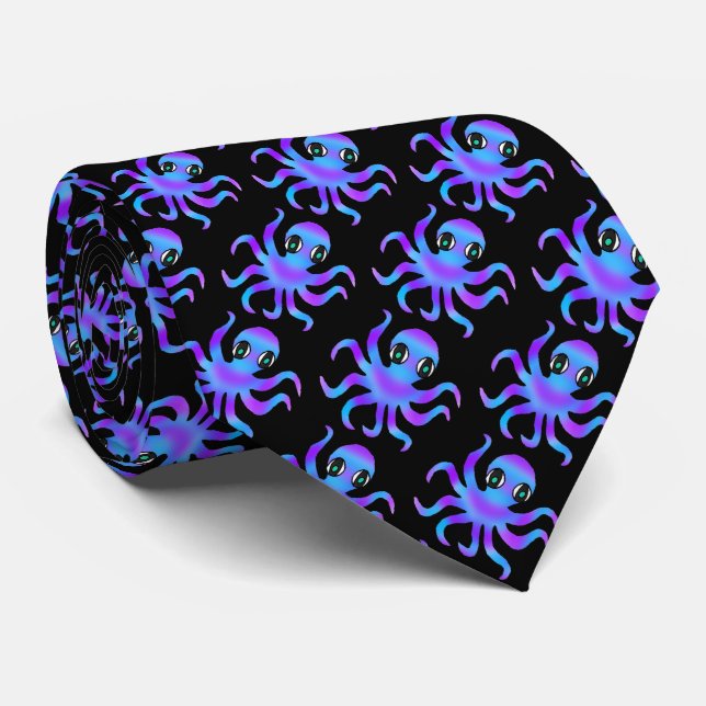 Cravate Tie (noir) - Pieuvre Bleu Violet (Roulé)