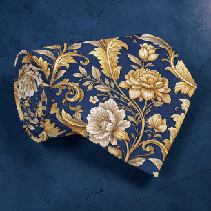 Cravate Tie personnalisé en damas floral bleu et or