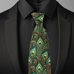 Cravate Tie vert et or à plumes de paon