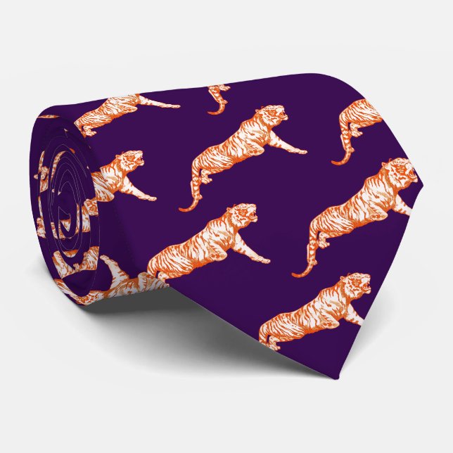 Cravate Tigre orange moderne sur violet foncé (Roulé)