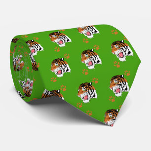 Cravate Tigre Tête Avec Empreintes de pattes Sur Cou Vert