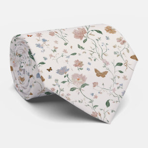 Cravate Toile-De-Jouy Élégante de Fleur Sauvage et Papillo