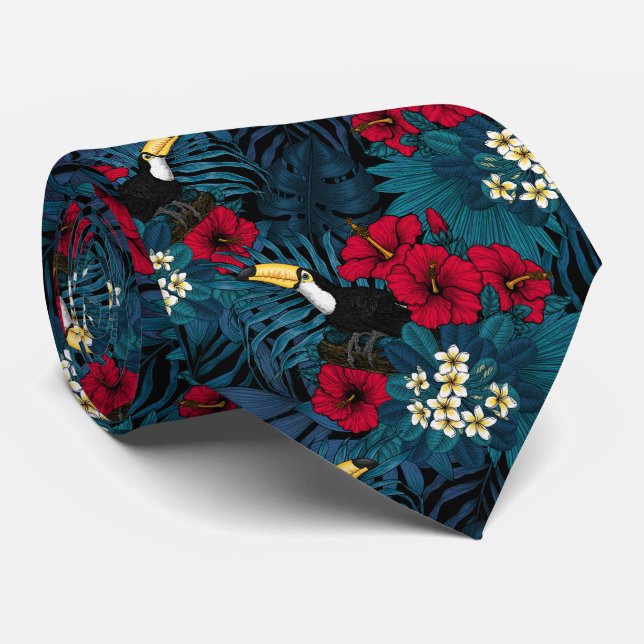 Cravate Toucans et flore tropicale, verte et rouge (Roulé)