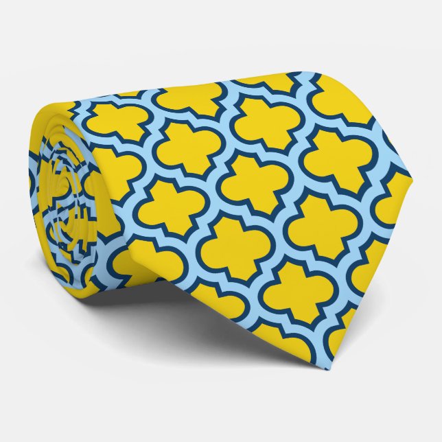 Cravate Trellis jaune et bleu bébé, treillis, Quatrefoil (Roulé)