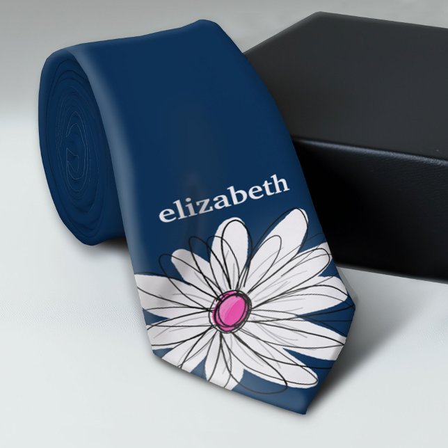 Cravate Trendy Daisy Floral Illustration - navy and pink (Custom Photo Collage Tie - Create Your Own Look)