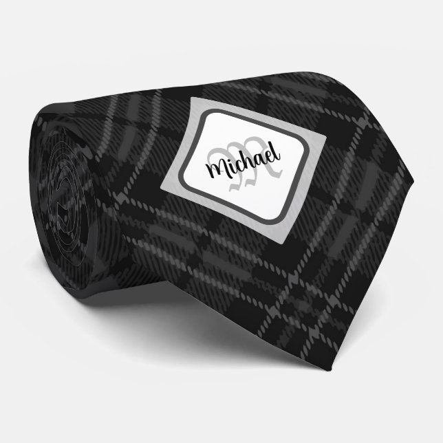 Cravate Trendy noir blanc tartan Personnaliser Monogramme (Roulé)