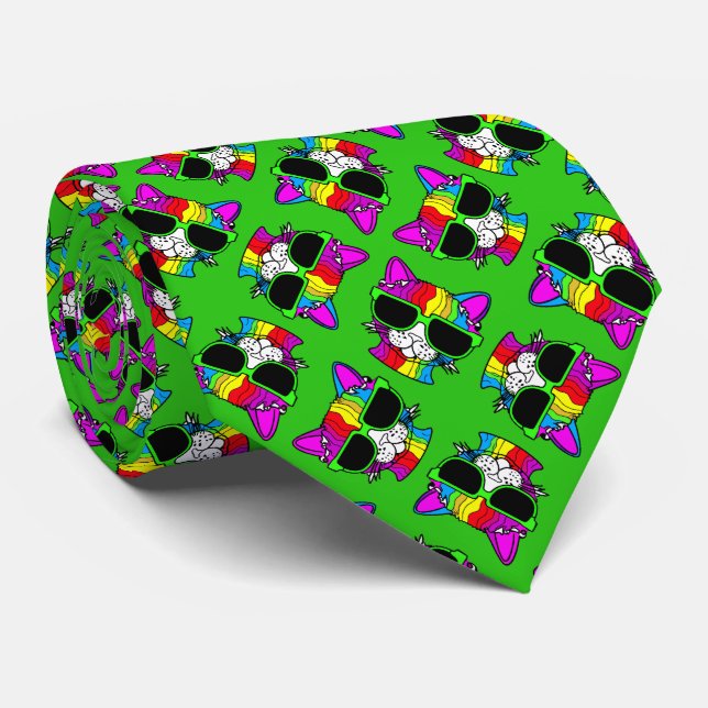 Cravate Très Cool Rainbow Cat Motif sur Vert (Roulé)
