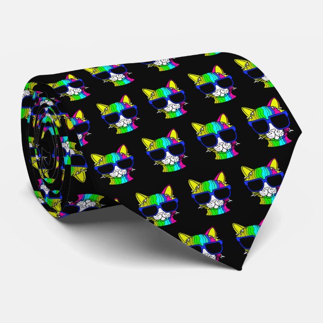 Cravate Très Cool Rainbow Cat w Sunglass Motif sur Black (Roulé)