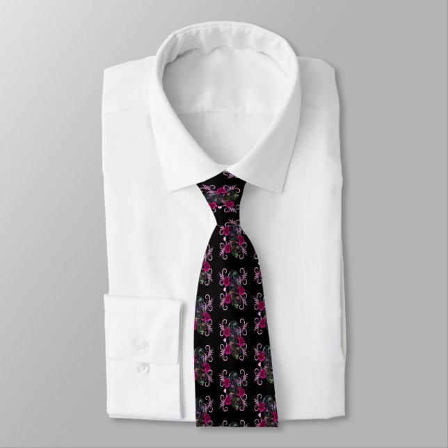 Cravate Triple Jour Noir Des Crânes Morts Roses Rose (Attaché)