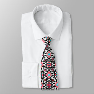 Cravate Tuile marocaine florale, noir, blanc et rose de