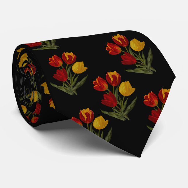 Cravate Tulipes en noir (Roulé)