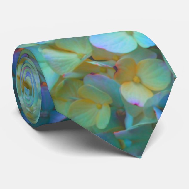 Cravate Turquoise bleu jaune rose hydrangée fleurs florale (Roulé)