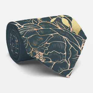 Cravate Turquoise foncé & Faux Gold Peony Moderne Floral M