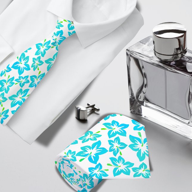 Cravate Turquoise Hibiscus motif hawaïen (Créateur téléchargé)