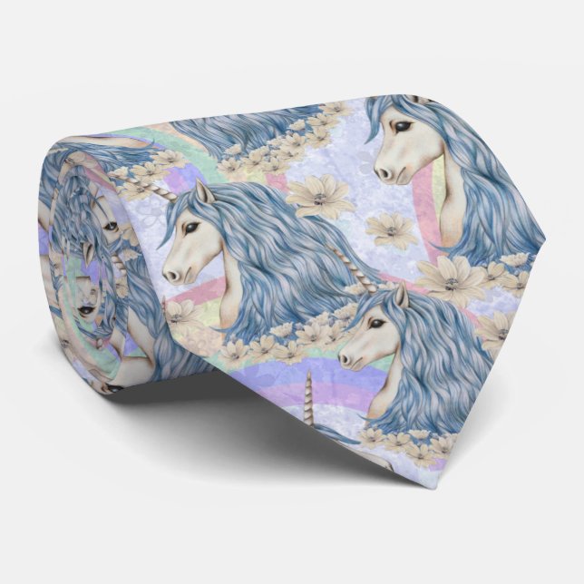 Cravate Unicornes bleues avec arcs-en-ciel (Roulé)