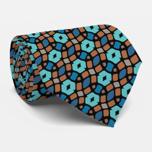 Cravate Unique Aqua Turquoise Bleu Brun Art Tribal