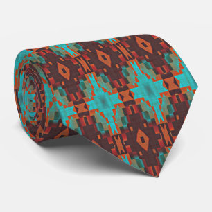 Cravate Unique sarcelle bleu vert orange marron tribal