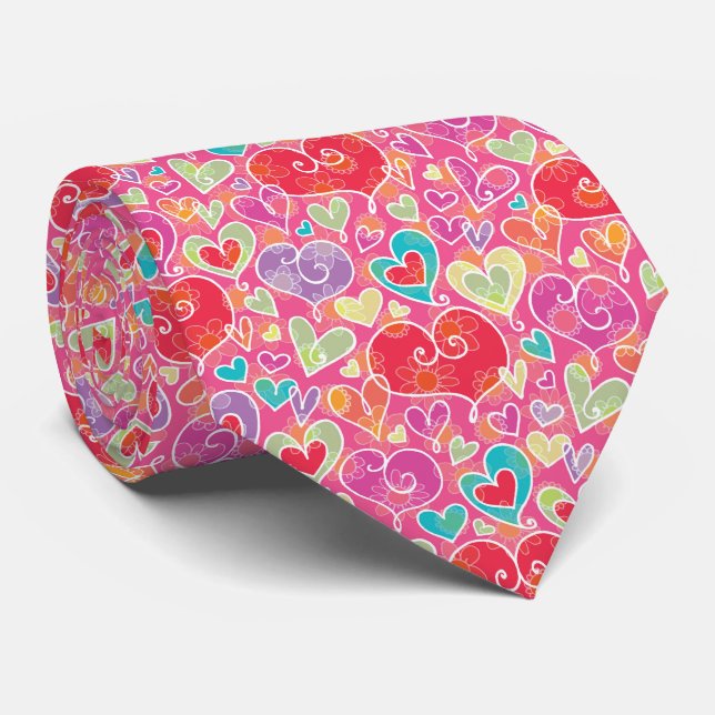 Cravate Valentine Red Hearts and Flowers Motif (Roulé)