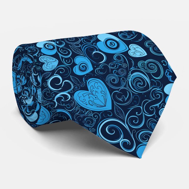Cravate Valentine's Pretty All Blue Hand Drawn Hearts (Roulé)