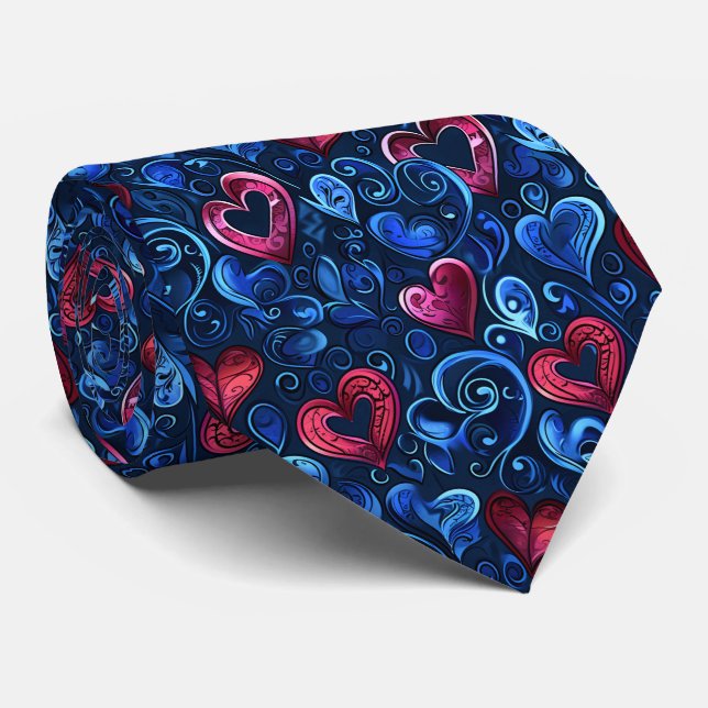 Cravate Valentine's Pretty Blue and Red Hearts (Roulé)