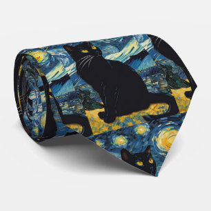 Cravate Van Gogh Nuit Étoilée Chat Noir