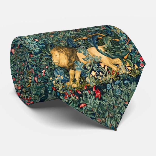 Cravate VERDURE, LION D'ANIMAUX FORESTIERS, Floral vert (Roulé)
