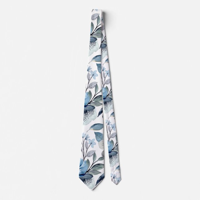 Cravate Vert Aquarelle Marine Bleu Flore Patten (Devant)