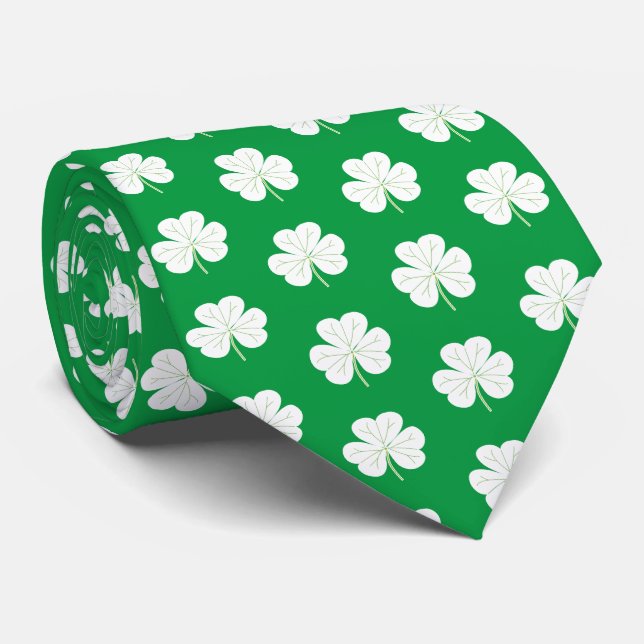 Cravate Vert Blanc Elégant Shamrock irlandais Motif Clover (Roulé)