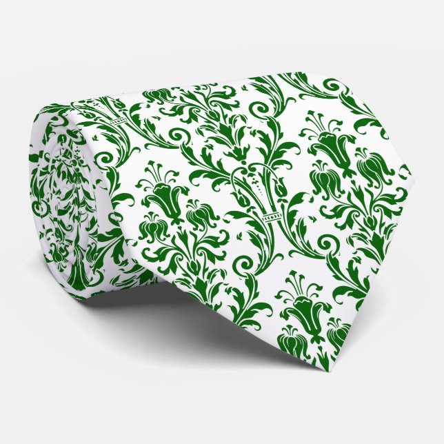 Cravate Vert Blanc Floral Damask (Roulé)