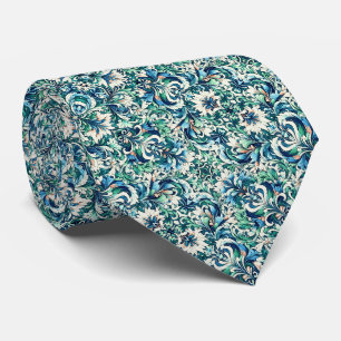 Cravate Vert, Bleu, Saumon & Crème Floral & Motif à perles