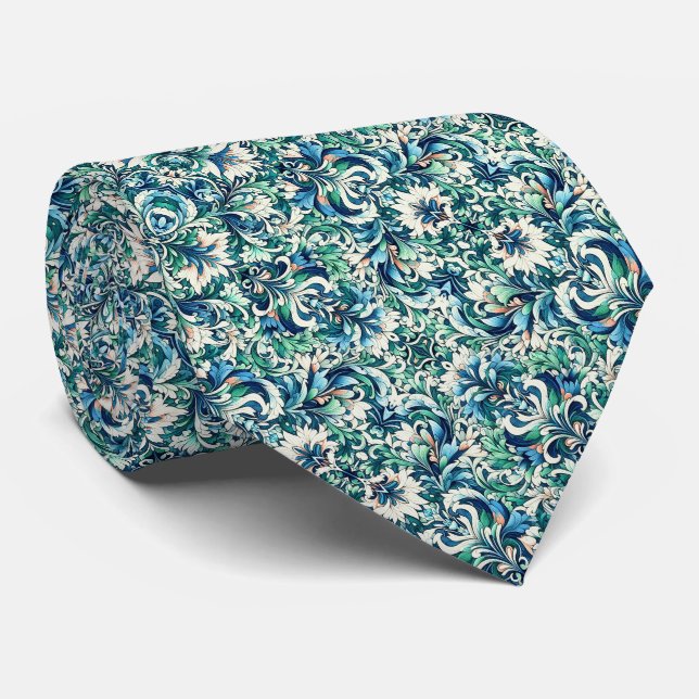 Cravate Vert, Bleu, Saumon & Crème Floral & Motif à perles (Roulé)