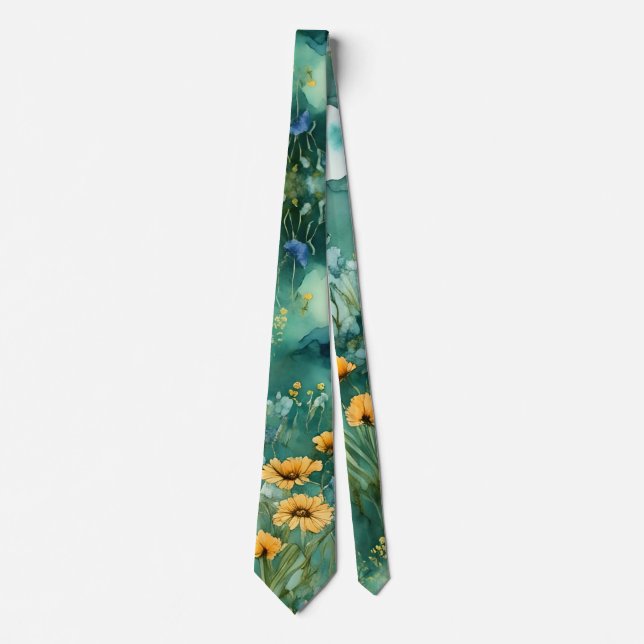 Cravate Vert doux paysage aquarelle fleurs sauvages (Devant)